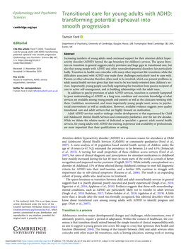 Transitional Care for Young Adults with ADHD: Sciences Transforming Potential Upheaval Into Cambridge.Org/Eps Smooth Progression