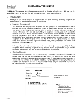 Experiment 4 LABORATORY TECHNIQUES Chem 110 Lab