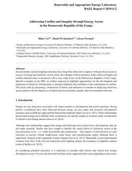 Renewable and Appropriate Energy Laboratory RAEL Report # 2019-S-2 Addressing Conflict and Inequity Through Energy Access in Th