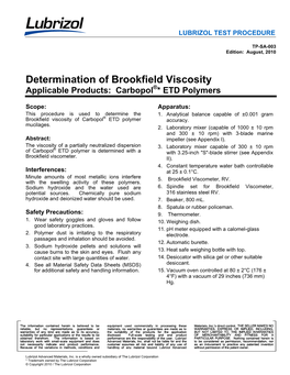 TP-SA-003 Determination of Brookfield Viscosity of Carbopol ETD Polymers