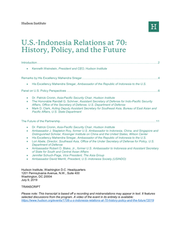 U.S.-Indonesia Relations at 70: History, Policy, and the Future