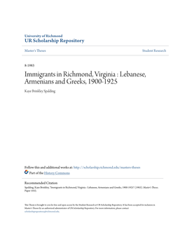 Immigrants in Richmond, Virginia : Lebanese, Armenians and Greeks, 1900-1925 Kaye Brinkley Spalding