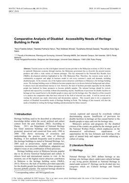 Comparative Analysis of Disabled Accessibility Needs of Heritage Building in Perak