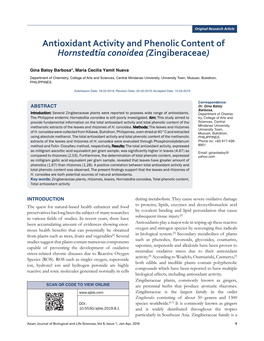 Antioxidant Activity and Phenolic Content of Hornstedtia Conoidea (Zingiberaceae)