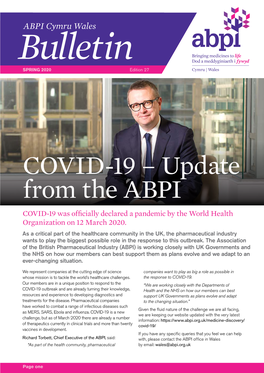 Update from the ABPI COVID-19 Was Officially Declared a Pandemic by the World Health Organization on 12 March 2020