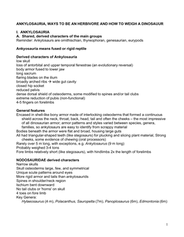 1 ANKYLOSAURIA, WAYS to BE an HERBIVORE and HOW to WEIGH a DINOSAUUR I. ANKYLOSAURIA A. Shared, Derived Characters of the Main