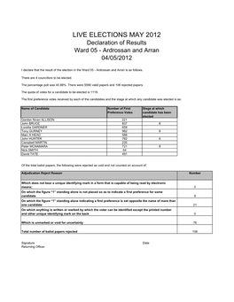 LIVE ELECTIONS MAY 2012 Declaration of Results Ward 05 - Ardrossan and Arran 04/05/2012