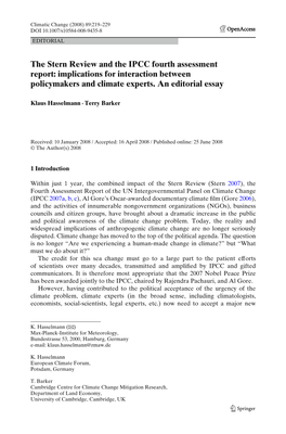 The Stern Review and the IPCC Fourth Assessment Report: Implications for Interaction Between Policymakers and Climate Experts