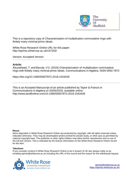 Characterization of Multiplication Commutative Rings with Finitely Many Minimal Prime Ideals