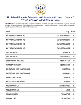 Unclaimed Property Belonging to Claimants with “Heart,” “Hearts,” “True,” Or “Love” in Their Title Or Name