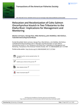 Relocation and Recolonization of Coho Salmon Oncorhynchus Kisutch in Two Tributaries to the Elwha River: Implications for Management and Monitoring