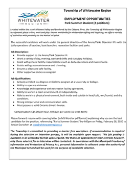 Township of Whitewater Region EMPLOYMENT OPPORTUNITIES