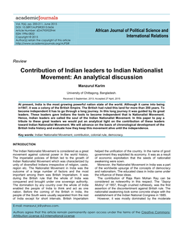 Contribution of Indian Leaders to Indian Nationalist Movement: an Analytical Discussion
