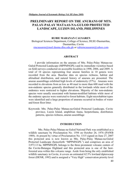 Preliminary Report on the Anurans of Mts. Palay-Palay Mataas-Na-Gulod Protected Landscape, Luzon Island, Philippines
