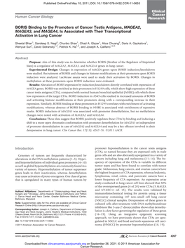 BORIS Binding to the Promoters of Cancer Testis Antigens, MAGEA2, MAGEA3, and MAGEA4, Is Associated with Their Transcriptional Activation in Lung Cancer