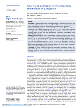 Anxiety and Depression in Two Indigenous Communities in Bangladesh Cambridge.Org/Gmh