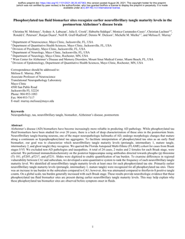 Phosphorylated Tau Fluid Biomarker Sites Recognize Earlier Neurofibrillary Tangle Maturity Levels in the Postmortem Alzheimer’S Disease Brain