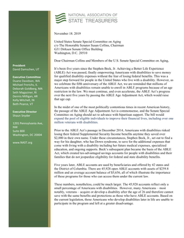 November 18. 2019 United States Senate Special Committee on Aging C/O the Honorable Senator Susan Collins, Chairman G31 Dirksen