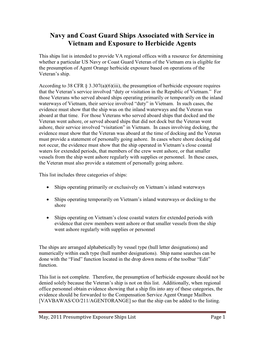 Navy and Coast Guard Ships Associated with Service in Vietnam and Exposure to Herbicide Agents