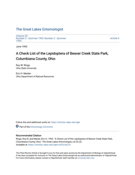 A Check List of the Lepidoptera of Beaver Creek State Park, Columbiana County, Ohio