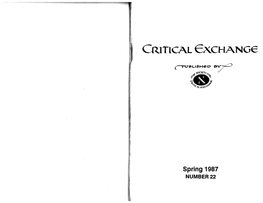 Spring 1987 NUMBER 22 THEORY and STRATEGY in the THRID WORLD CRITICAL EXCHANGE #22: SPRING, 1987