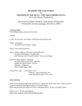 READERS THEATER SCRIPT for FREEDOM on the MENU: the GREENSBORO SIT-INS by Carole Boston Weatherford Based on the Children's