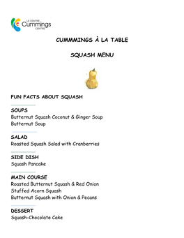 Cummmings À La Table Squash Menu