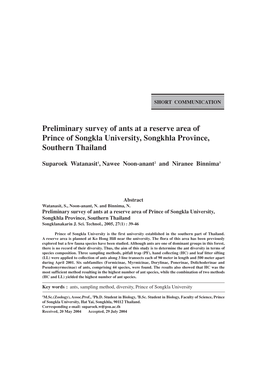 Preliminary Survey of Ants at a Reserve Area of Prince of Songkla University, Songkhla Province, Southern Thailand
