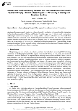 Research on the Relationship Between Iron and Steel Production and Air Quality in Beijing - Tianjin - Hebei Region——Air Quality in Beijing and Tianjin As the Goal