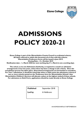 Admissions Policy 2020-21