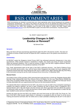 RSIS COMMENTARIES RSIS Commentaries Are Intended to Provide Timely And, Where Appropriate, Policy Relevant Background and Analysis of Contemporary Developments