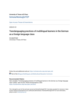 Translanguaging Practices of Multilingual Learners in the German As a Foreign Language Class