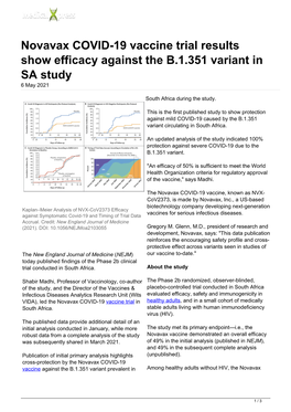 Novavax COVID-19 Vaccine Trial Results Show Efficacy Against the B.1.351 Variant in SA Study 6 May 2021