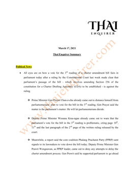March 17, 2021 Thai Enquirer Summary Political News • All Eyes