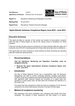 Hydro-Electric Schemes Compliance Report June 2010 - June 2013