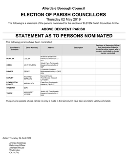 Election of Parish Councillors Statement As