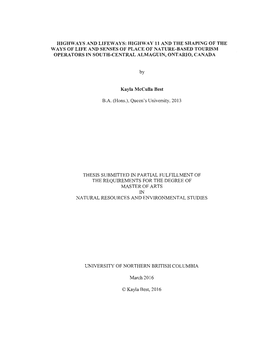 Highway 11 and the Shaping of the Ways of Life and Senses of Place of Nature-Based Tourism Operators in South-Central Almaguin, Ontario, Canada