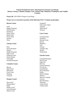 National Wetlands Inventory Map Report for Oregon Coast Range: Benton, Clatsop, Columbia, Douglas, Lane, Lincoln, Polk, Tillamook, Washington, and Yamhill Counties