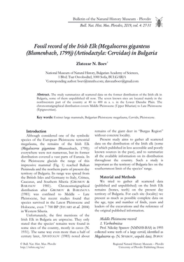 Fossil Record of the Irish Elk (Megaloceros Giganteus (Blumenbach, 1799)) (Artiodactyla: Cervidae) in Bulgaria