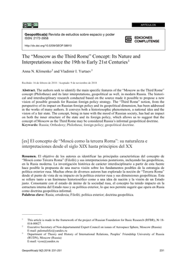 The “Moscow As the Third Rome” Concept: Its Nature and Interpretations Since the 19Th to Early 21St Centuries1