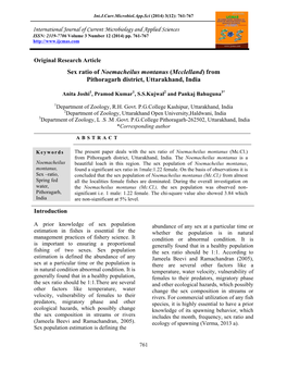 Sex Ratio of Noemacheilus Montanus (Mcclelland) from Pithoragarh District, Uttarakhand, India