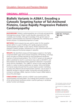Biallelic Variants in ASNA1, Encoding a Cytosolic Targeting Factor of Tail-Anchored Proteins, Cause Rapidly Progressive Pediatric Cardiomyopathy