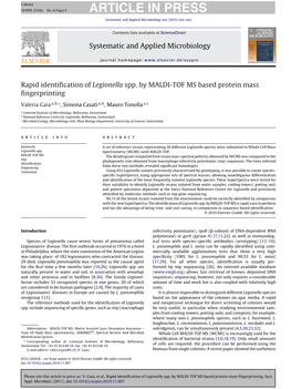 Rapid Identification of Legionella Spp. by MALDI-TOF MS Based Protein