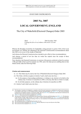 The City of Wakefield (Electoral Changes) Order 2003