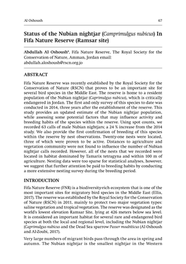 Status of the Nubian Nightjar (Camprimulgus Nubicus) in Fifa Nature Reserve (Ramsar Site)