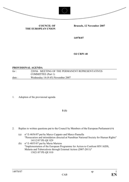 PROVISIONAL AGENDA for : 2205Th MEETING of the PERMANENT REPRESENTATIVES COMMITTEE (Part 1) Date : Wednesday 14 (9:45) November 2007