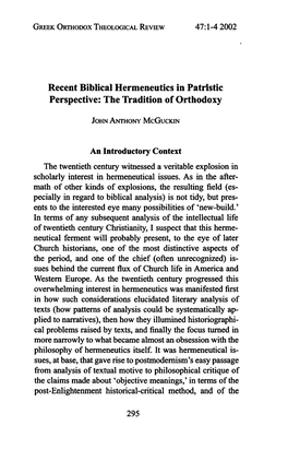 Recent Biblical Hermeneutics in Patristic Perspective: the Tradition of Orthodoxy