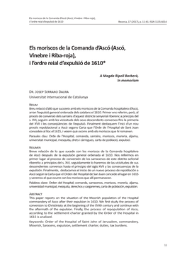 Ascó, Vinebre I Riba-Roja), I L’Ordre Reial D’Expulsió De 1610 Recerca, 17 (2017), P