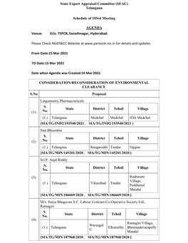 Telangana Schedule of 105Rd Meeting