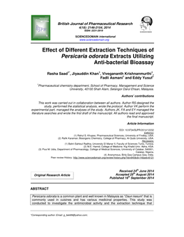 Effect of Different Extraction Techniques of Persicaria Odorata Extracts Utilizing Anti-Bacterial Bioassay